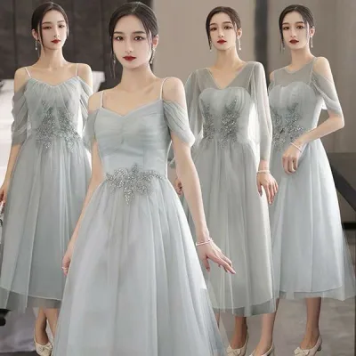 ブライズメイド ドレス ミモレ丈 結婚式 パーティードレス グレー お呼ばれドレス ピアノ 発表会 ロングドレス イブニングドレス カクテルドレス