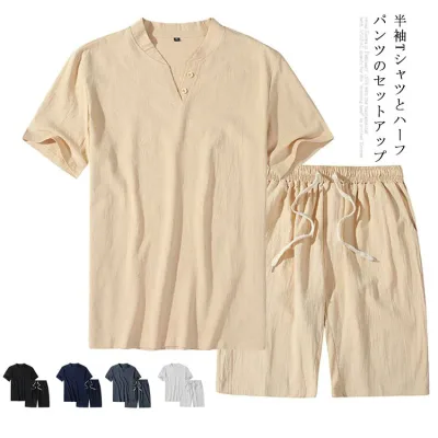 〜9XLまで リネン Tシャツ 綿麻 上下セット メンズ ハーフパンツ セットアップ 2点セット 送料無料 部屋着 普段着 通気 薄手 半袖 トップス ショート 無地 カジュアル ジョガーパンツ 夏 ルームウエア 涼感 父の日 ギフト プレゼント