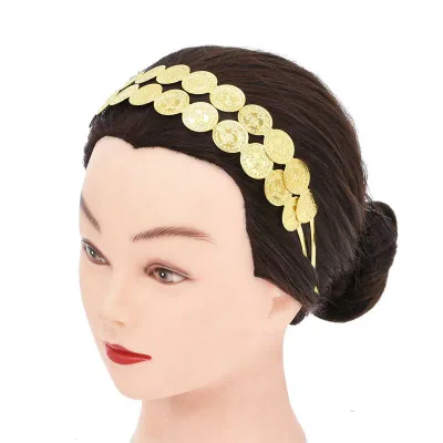ヘア アクセサリー ヘッド ドレス インド エスニック ヘア バンド ゴールデン ラウンド コイン 二重層 帽子 ダンス パフォーマンス ジュエリー エキゾチック アクセサリー