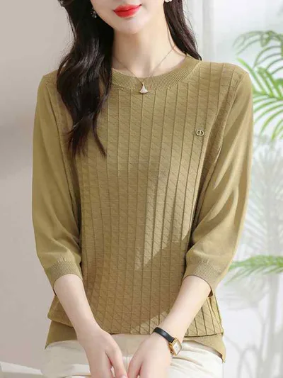 トップス レディース ファッション 冷感 薄手 セーター 女性 夏 プルオーバー ラウンドネック 七分袖 無地 Tシャツ