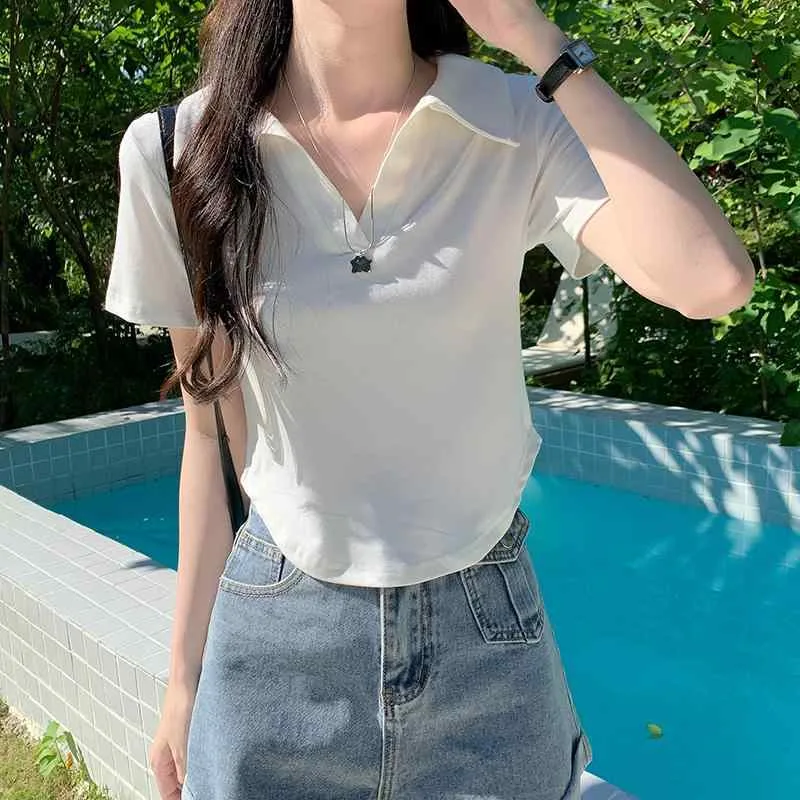 レディース アメリカン ガール ポロシャツ襟 半袖 Tシャツ 夏 スリムフィット ショルダー ショート トップス スリムフィット