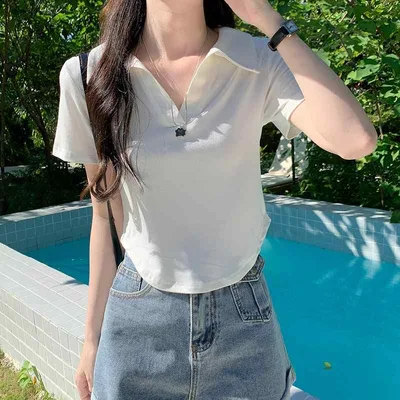レディース アメリカン ガール ポロシャツ襟 半袖 Tシャツ 夏 スリムフィット ショルダー ショート トップス スリムフィット