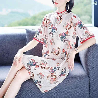レディース 夏 ワンピース 半袖 きれいめ 上品 マザーズ おしゃれ お母さん お呼ばれ ドレス 女性 サマーウェア 桑 ロング スカート レトロ チャイナ 中華風