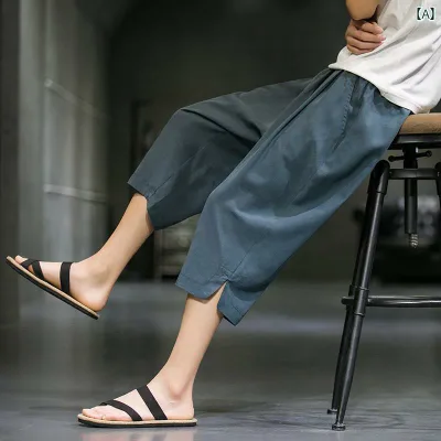 Men's Summer Cool Comfortable Cropped Pants Thin Straight Pants Chinese Style Large Size Wide Leg Shorts