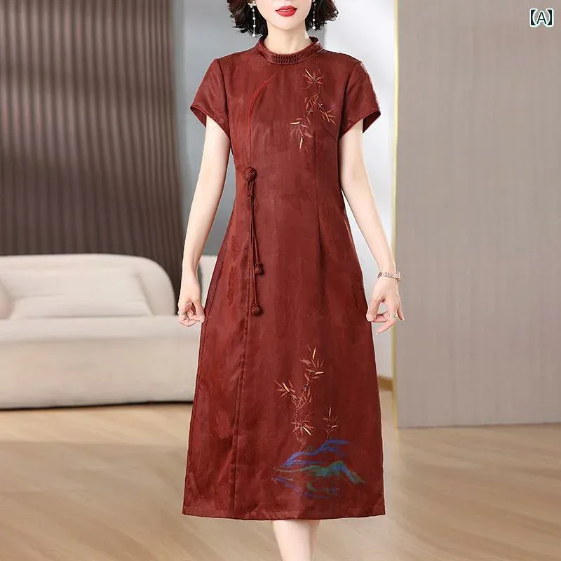レディース ワンピース きれいめ 上品 マザーズ ミセス 婦人服 ドレス レトロ 中華風 赤い ミッド ロング スカート ハイエンド ジャカード