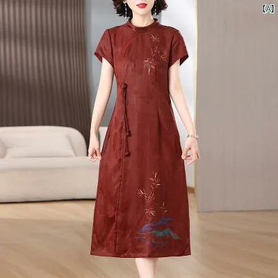 レディース ワンピース きれいめ 上品 マザーズ ミセス 婦人服 ドレス レトロ 中華風 赤い ミッド ロング スカート ハイエンド ジャカード