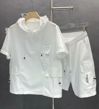 メンズ カジュアル 夏 ファッション 製 シンプル 半袖 ショーツ 作業着 スポーツ スーツ 通気性 速乾 ツーピース セット