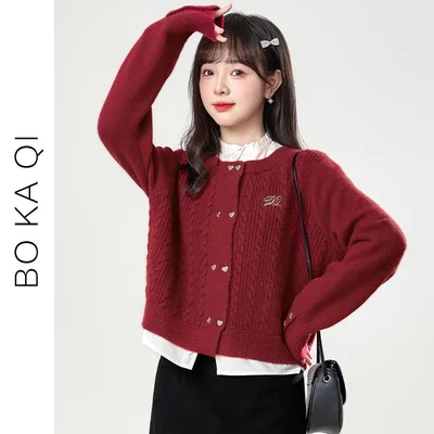 レディース ファッション 冬 スタンドカラー クリスマス 年末 年始 ツーピース ニット セーター 女性 ガーリー カレッジ ショート カーディガン 赤 セーター