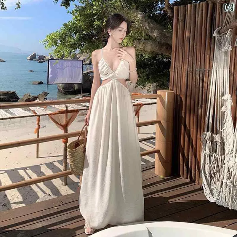 レディース 夏 リゾート ワンピース 海辺 休暇 V ネック 背中 開いた ホルターネック ドレス 女性 フレンチ ハイウエスト スリム ロング スカート