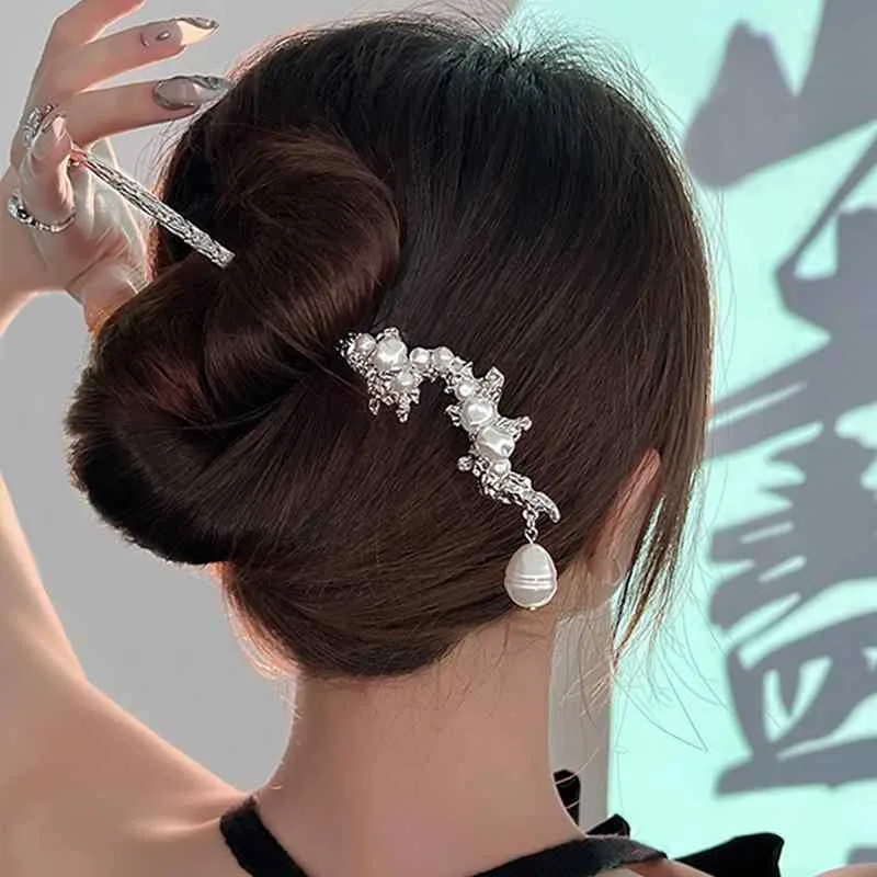 ヘアアクセサリー チャイナ風 メタル プリーツ パール ヘアピン モダン ヘアピン クール かんざし ドレスアップ 揺れる エレガント