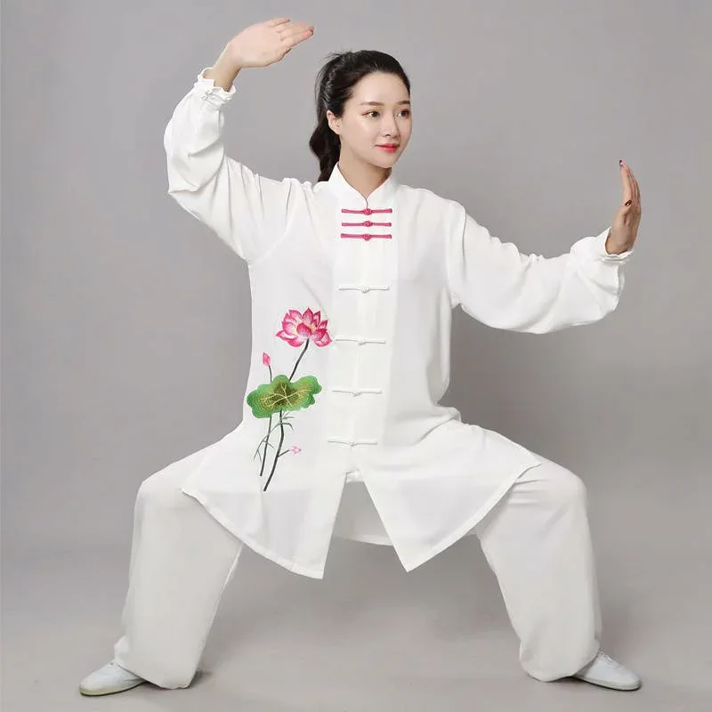 レディース 秋 春 太極拳 服 スター ライト 麻 ミドル丈 太極拳 練習 服 パフォーマンス 服 朝 練習 武道 スポーツウェア
