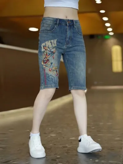 パンツ デニムパンツ ハーフ メンズ レディース ボトムス 半ズボン デニムショートパンツ スリム 刺繍 カジュアル 夏 ファッション 五分丈