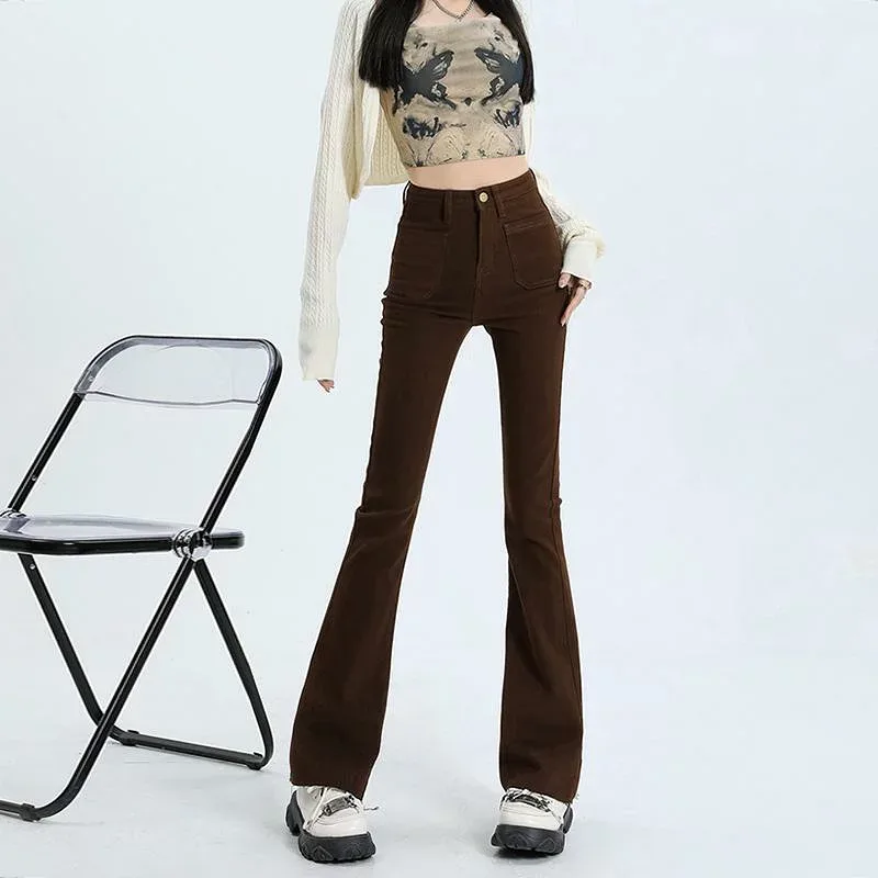 パンツ デニムパンツ レディース アメリカン レトロ コーヒーブラウン マイクロフレア ジーンズ 女性用 春秋 スリミング フロア レングス