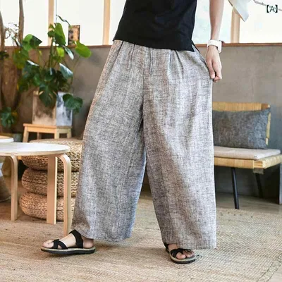 メンズ 夏 カジュアル パンツ 中華風 リネン コットンリネン ストライプ ワイド レッグ スポーツ ストレート