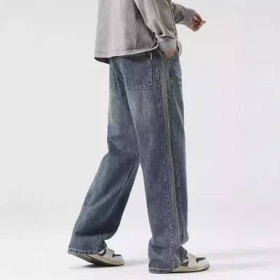 デニムパンツ メンズ ゆったり ルーズフィット 切り替えデザイン アメカジ ストレート ウォッシュ加工 ポケット付き ストリートファッション レトロ カジュアル 普段使い ロング丈 春秋 綿素材 ブルー系