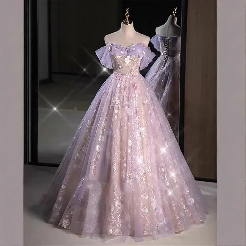 Evening Dress for Women, Luxury, Pink Purple, Sequins, Sleeveless, Long Dress, High Waist, A-Line, Wedding, Party, Recital, Concert, Coming of Age Ceremony, Formal