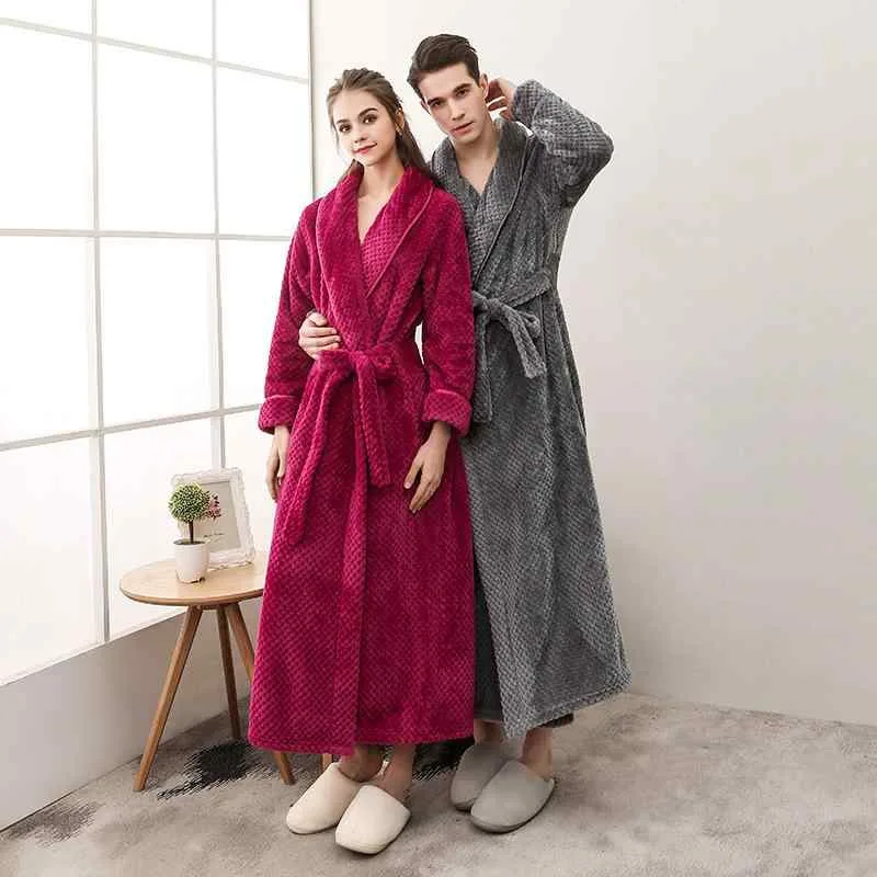 Bathrobe Men's Women's Couple Pair Autumn/Winter Thick Flannel Fluffy Fleece Warm Long Length Large Size Loose Waist Belt Loungewear