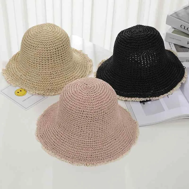 UV Protection Foldable Straw Hat Women's Natural Lace Straw Hat Beach Resort Wide Brim Bucket Hat Korean Style Stylish Crochet Breathable Spring/Summer