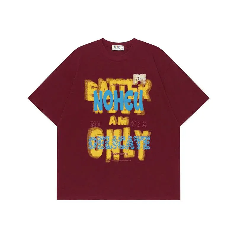 Tシャツ メンズ レディース 男女兼用 通気性 コットン ストリート ヒップホップ グラフィティ アルファベットプリント ノンアイロン ゆったり オーバーサイズ ラウンドネック 半袖 カジュアル 春夏 ワインレッド パープル
