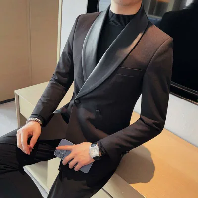 メンズ スーツ 春夏 スリムフィット ダブルブレスト 無地 ポリエステル 切り替え レザー ビジネス フォーマル 結婚式 パーティー 披露宴 司会者 高級感