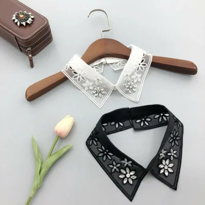 付け襟 レディース オーガンジー ハンドメイド ラインストーン スターモチーフ 若見えデザイン レトロ ヴィンテージ風 重ね着 ニット ブラウス シャツ 飾り フェイクカラー オフホワイト ブラック