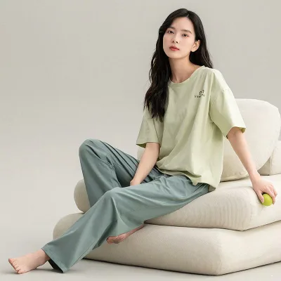 ルームウェア レディース 女性用 パジャマ セットアップ 接触冷感 A級抗菌 吸汗速乾 薄手 春夏 綿100% コットン 半袖 丸首 長パンツ 部屋着 ホームウェア 快適 カジュアル 普段使い