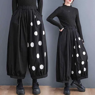パンツ レディース 女性用 秋 韓国風 ゆったり ルーズ 大きいサイズ ビッグサイズ プリント柄 ワイド ストレート 九分丈 アンクル丈 ウエストゴム レトロ カジュアル 上品 エレガント 黒 綿 コットン