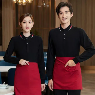 Tシャツ 男女兼用 吸湿速乾 長袖 ホールスタッフ サービス業 作業服 制服 ユニフォーム 飲食店 ファーストフード 火鍋 焼肉 レストラン 秋冬 綿混紡 ポリエステル 大きいサイズ M〜4XL 黒 赤 紺色 コーヒー