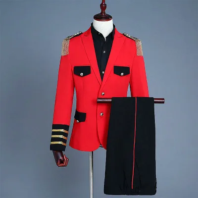 スーツ メンズ レッド 赤色 フリンジ タッセル 肩章飾り 軍礼服 ミリタリー 宮廷服 ロココ調 ジャケット セットアップ ナイトクラブ バー ホスト ステージ衣装 撮影用 フォーマル 宴会 パーティー