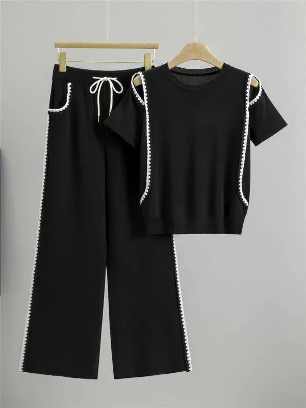 セットアップ レディース 半袖 ニット素材 透かし編み 切り替え配色デザイン ワイドパンツ 2点セット 春夏 おしゃれ カジュアル 上品 エレガント スポーツ 着痩せ 若見え 通勤スタイル