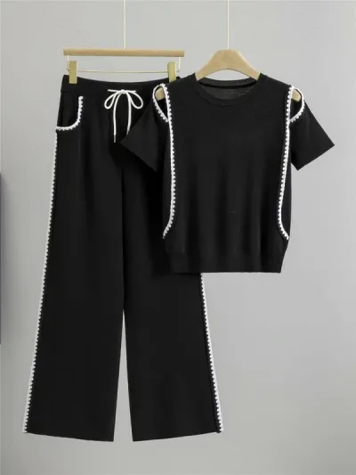 セットアップ レディース 半袖 ニット素材 透かし編み 切り替え配色デザイン ワイドパンツ 2点セット 春夏 おしゃれ カジュアル 上品 エレガント スポーツ 着痩せ 若見え 通勤スタイル