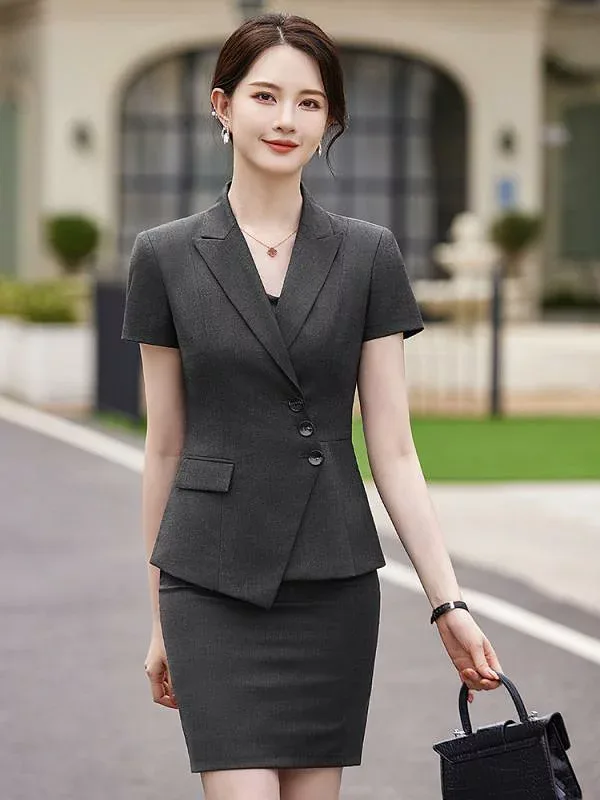 Business Suit Women's Setup Spring/Summer Short Sleeve Slim Fit Commuting Office Formal Pants Suit Skirt Suit Classy Elegant Black Gray Blue