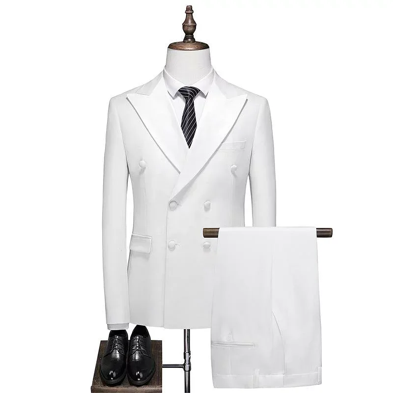 Men's three-piece set-up, solid color, slim fit, large size, double-breasted, all seasons, weddings, receptions, after-parties, parties, formal wear, groom, MC, business