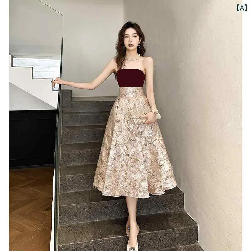 ワンピース レディース ドレス 結婚式 披露宴 演奏会 Aライン ノースリーブ チューブトップ ベアトップ ロング 膝丈 レースアップ リボン レトロ クラシカル フェミニン 上品 シニール 無地 ワインレッド ブラック