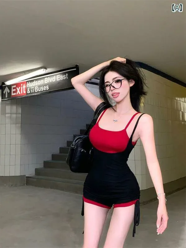 オールインワン レディース 春夏 ノースリーブ ショートパンツ モダール素材 切り替え バイカラー レースアップ スリム ウエストマーク 着やせ ストレッチ カジュアル