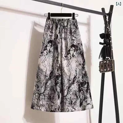 スカート レディース ロングスカート A字 Aライン ミモレ丈 春夏 大きいサイズ チャイナ風 和風 水墨画 プリント レトロ 切り替え 抽象柄 体型カバー 楽ちん おしゃれ