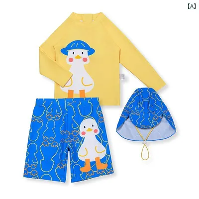 水着 キッズ 男の子 セパレート 長袖 トップス ショートパンツ 2点セット スイムキャップ付き 日焼け防止 紫外線対策 伸縮性 速乾 動きやすい かわいい アヒル キャラクター 子供 ジュニア スイミング プール 海水浴