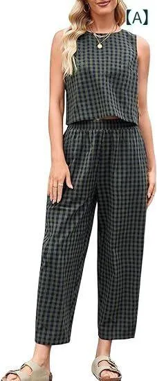 Setup Women's Spring/Summer Sleeveless Camisole Long Pants 2 Piece Set Cotton Style Casual Plaid Pattern Beach Resort Commuting to School Loose