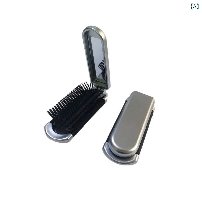 ヘアブラシ レディース コンパクト 折りたたみ 携帯用 ミニサイズ ミラー付き ヘアケア 静電気防止 メタリックシルバー