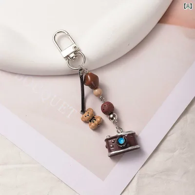 キーホルダー レトロ カメラ ベア ビーズ ストラップ バッグチャーム アクセサリー かわいい ハンドメイド