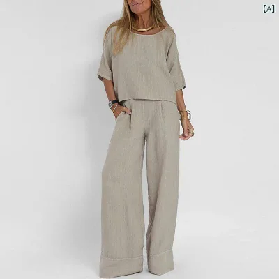 Setup Women's Spring/Summer Short Sleeve T-shirt Long Pants Cotton Linen Blend Loungewear Casual Plain 2 Piece Set