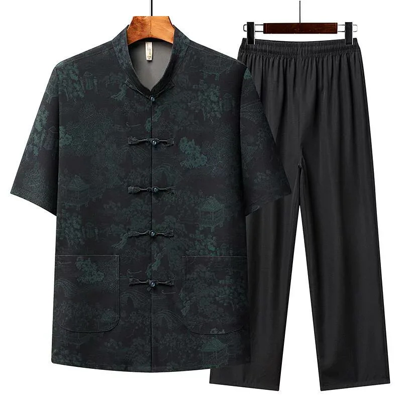 セットアップ メンズ チャイナ服 唐装 部屋着 半袖 シャツ ロングパンツ シニア 紳士服 太極拳 刺繍 スタンドカラー 立ち襟 無地 薄手 涼しい 夏 接触冷感 ゆったり カジュアル 父の日 敬老の日 プレゼント