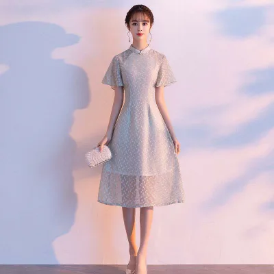 チャイナドレス レディース 春夏 半袖 シフォン ワンピース ミモレ丈 改良型 きれいめ Aライン 体型カバー エレガント レトロ フェミニン