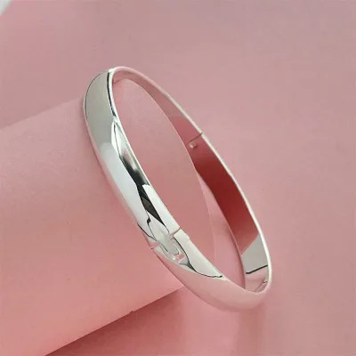 ブレスレット シルバーコーティング シンプル フラット メタル バングル 男女兼用 ファッション アクセサリー 電気メッキ加工