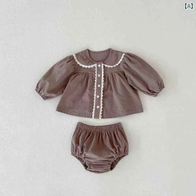 セットアップ ベビー 女の子 秋 長袖 前開き トップス ブルマパンツ 2点セット コットン 綿 無地 スタンドカラー ショートパンツ 赤ちゃん 子供服 かわいい ルームウェア