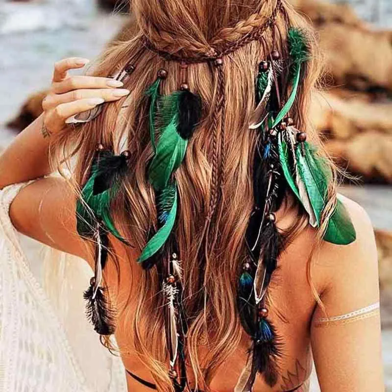 ヘアバンド レディース ボヘミアン 羽根 フェザー 孔雀 羽 エスニック インディアン ヘアアクセサリー ロング リゾート 海 ビーチ フェス コスプレ イベント