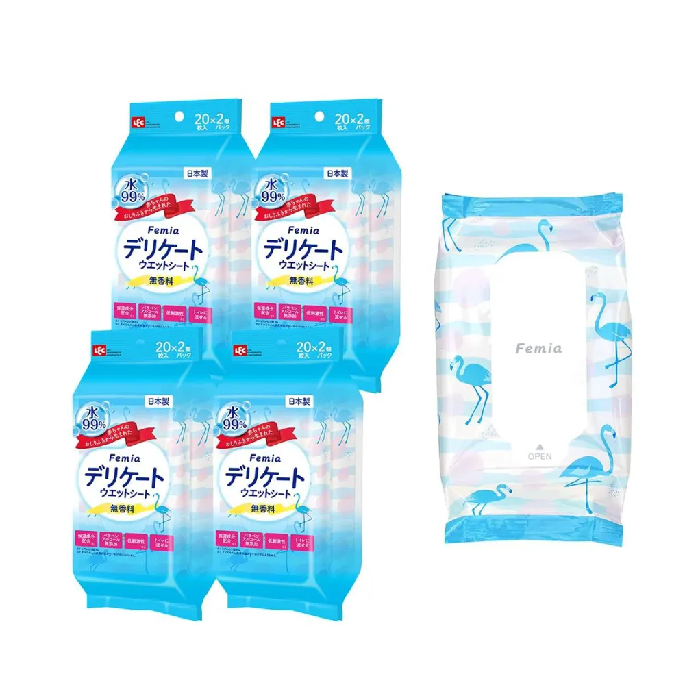 レック(LEC) 女性用 デリケート ウェットシート Femia 20枚入×8個 (無香料) トイレに流せる 日本製 赤ちゃんのおしりふきから生まれた