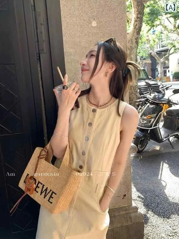 デニム スカート レディース 2025年 早春夏 通勤 デニム ノースリーブワンピース 夏 フレンチスタイル 日常 女性 高級 感