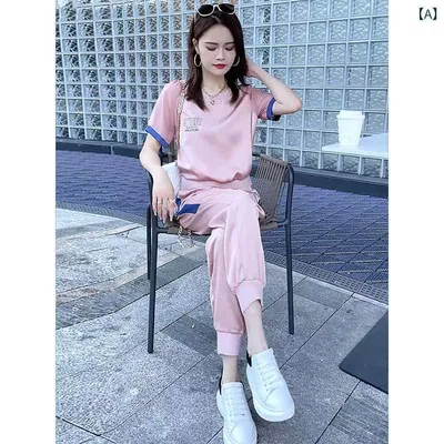 レディース ツーピース シルク 高級 シルクサテン スポーツ スーツ 女性用 夏 ラウンドネック 半袖 Tシャツ トップス ズボン ツーピース