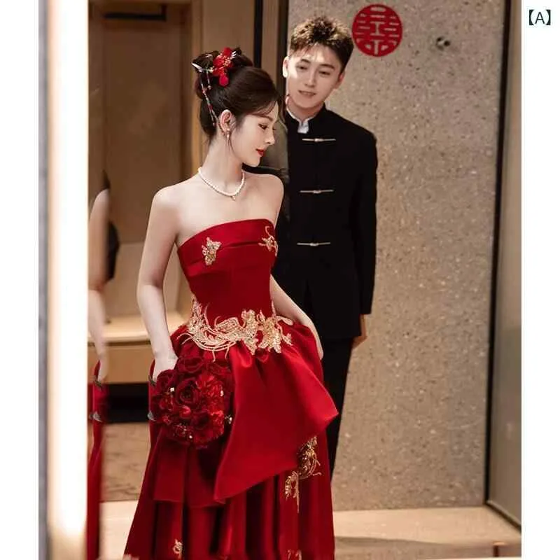 赤いドレス レディース トースト ドレス 花嫁 2025 赤い チャイナ風 婚約 パーティー スカート 女性 結婚式 ハイエンド 夏